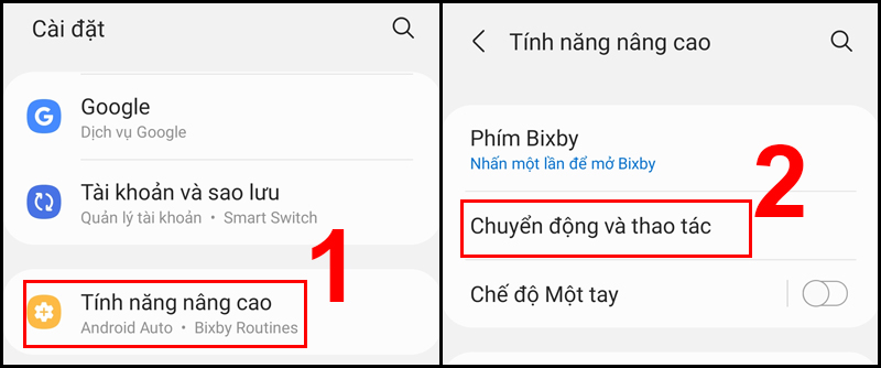 Chọn Chuyển động và thao tác trong mục Tính năng nâng cao 